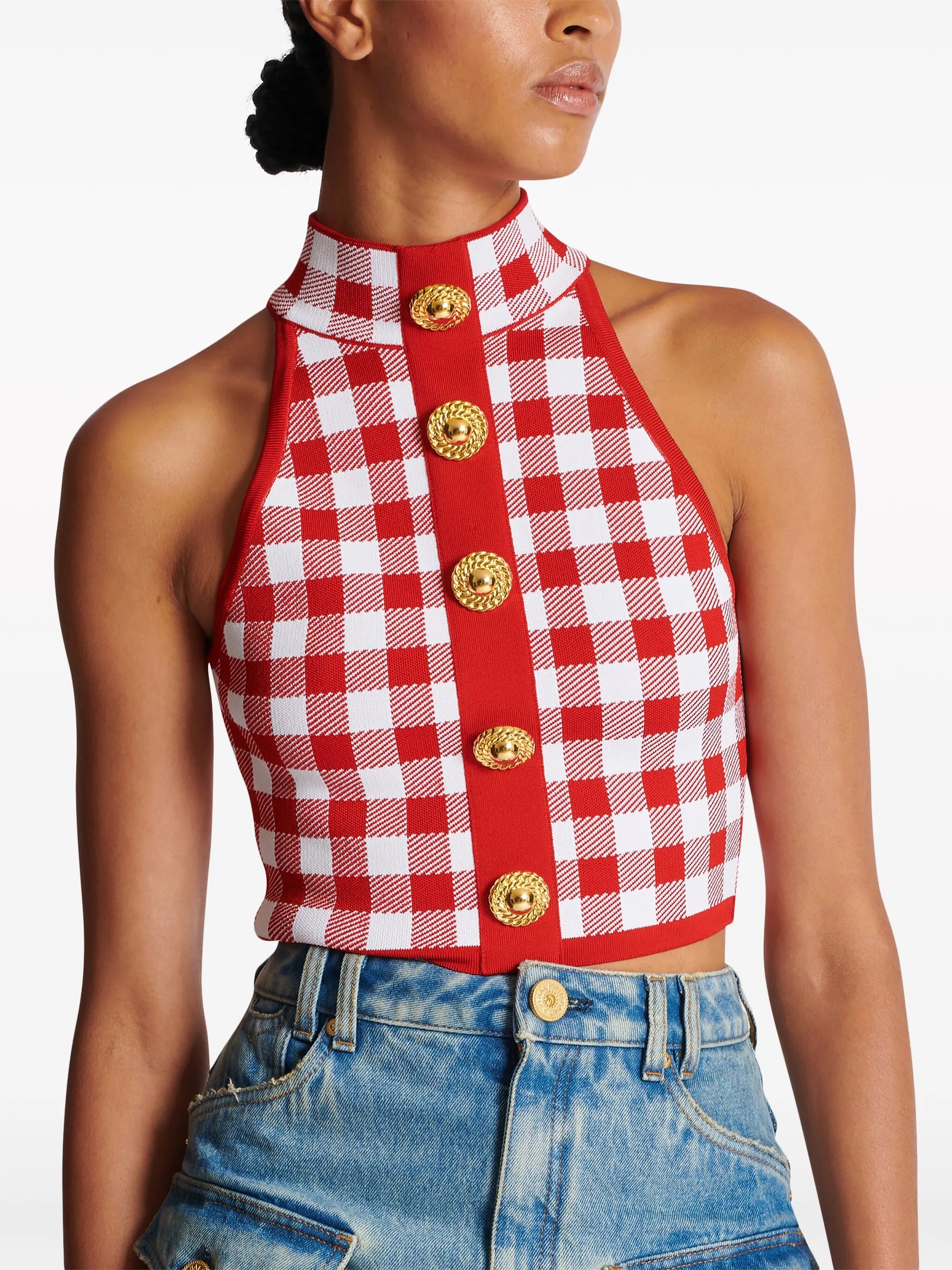 5-button cropped top with check