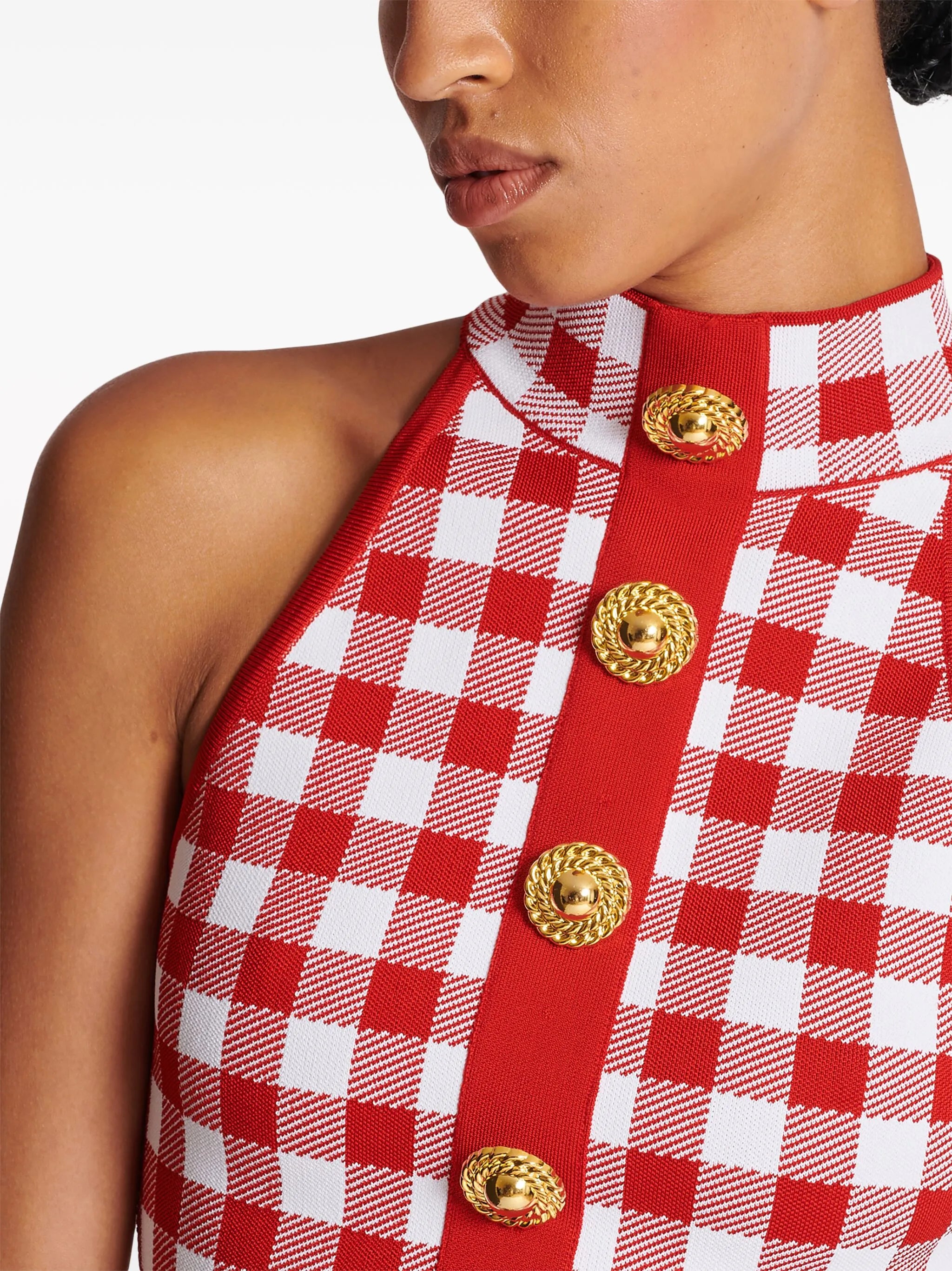 5-button cropped top with check