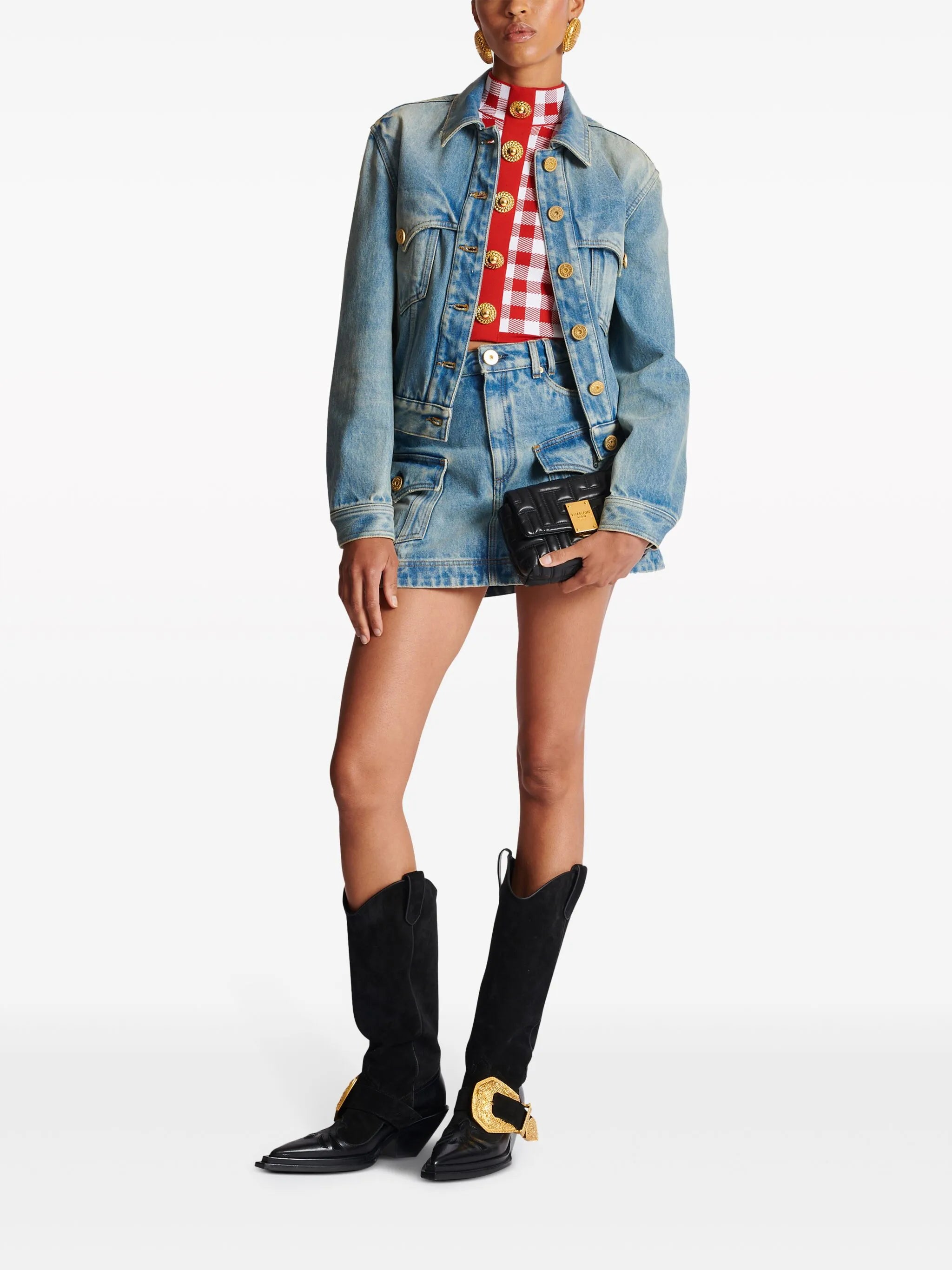 5-button cropped top with check