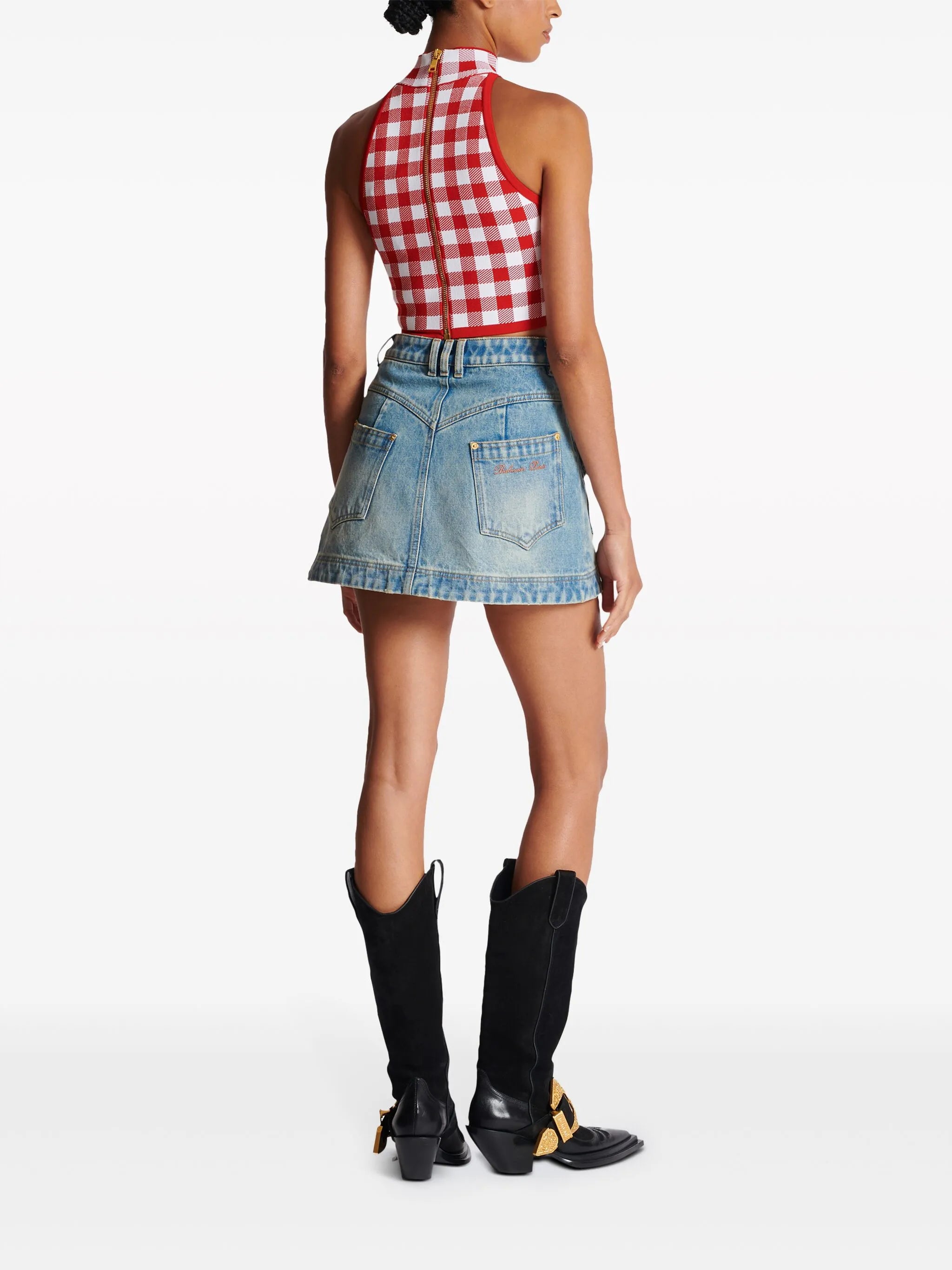 5-button cropped top with check