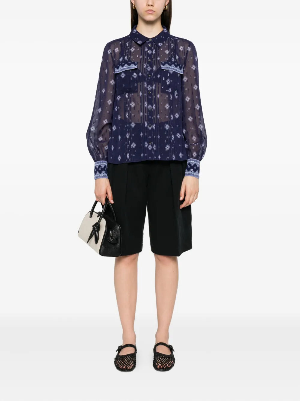 Blaue gemusterte Chiffon Bluse