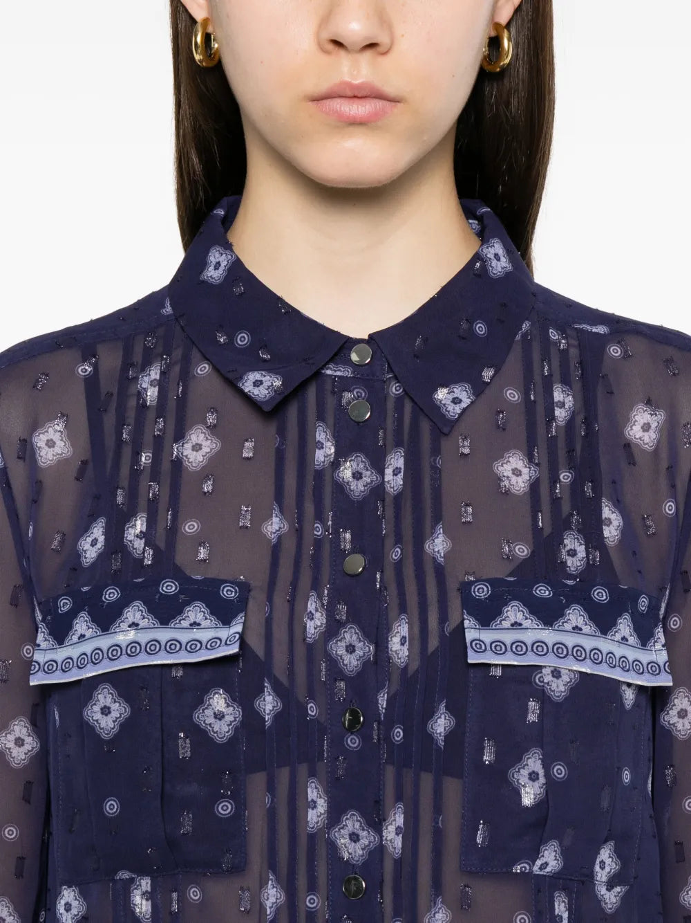 Blaue gemusterte Chiffon Bluse