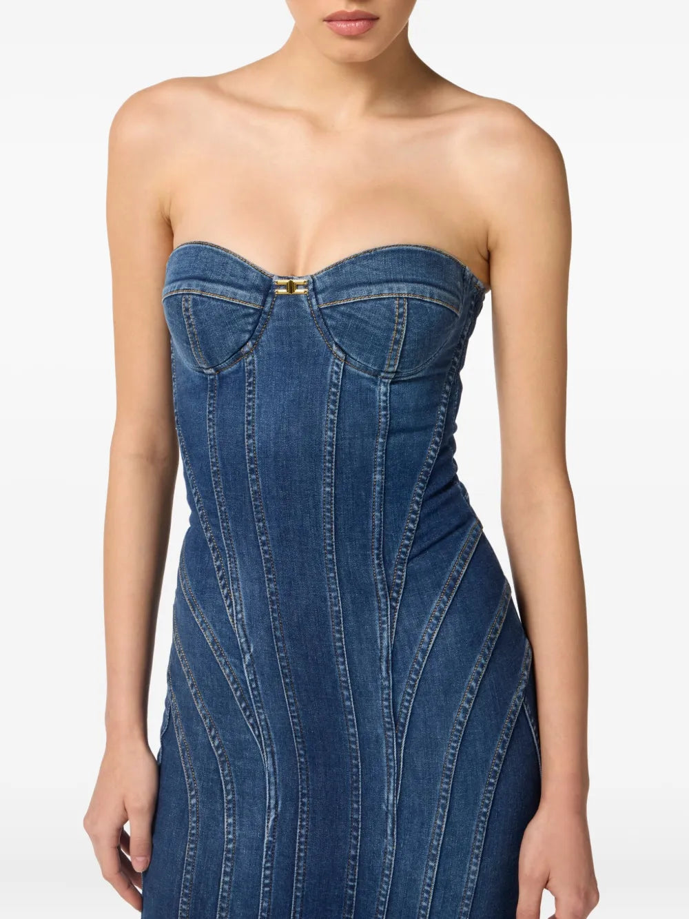 Schulterfreies Jeans-Midikleid