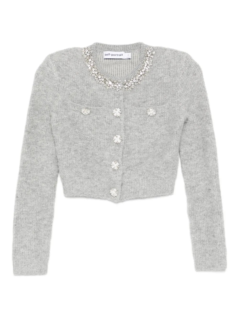 GREY FLUFFY CRYSTAL TRIM CARDIGAN