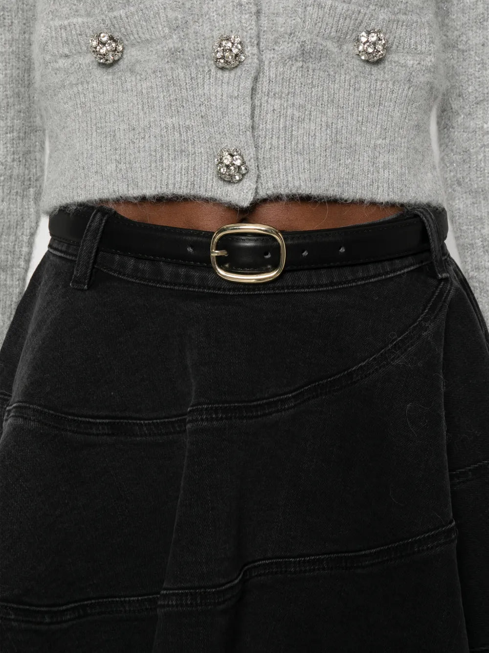 BLACK FLARED DENIM MINI SKIRT