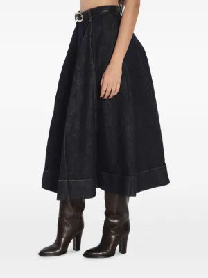 INDIGO DENIM FLARED MIDI SKIRT