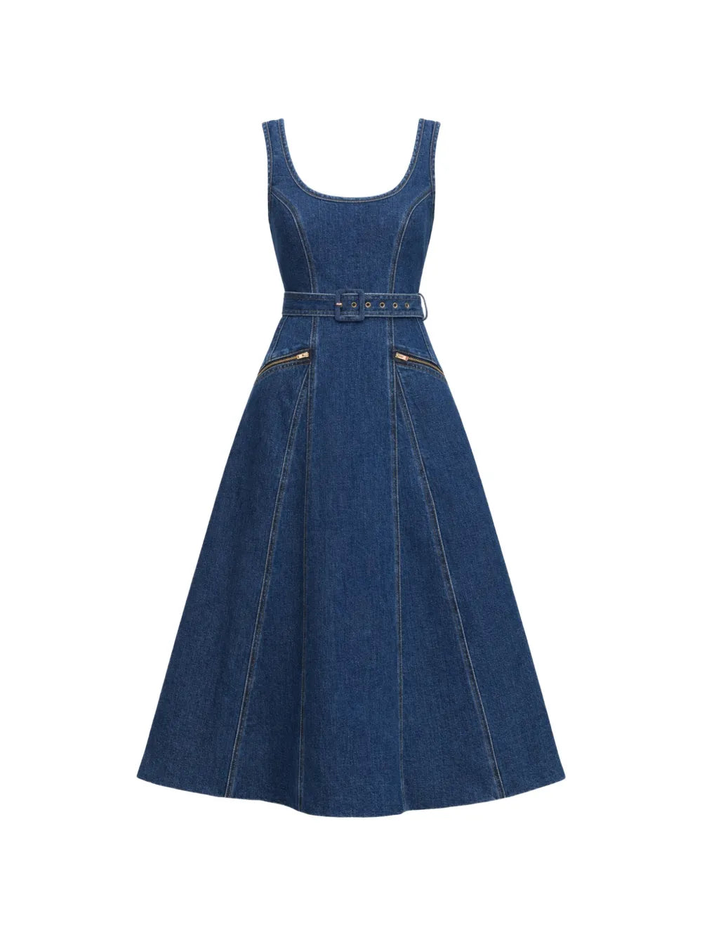 Flared Denim Midi Dress with Belt Detail