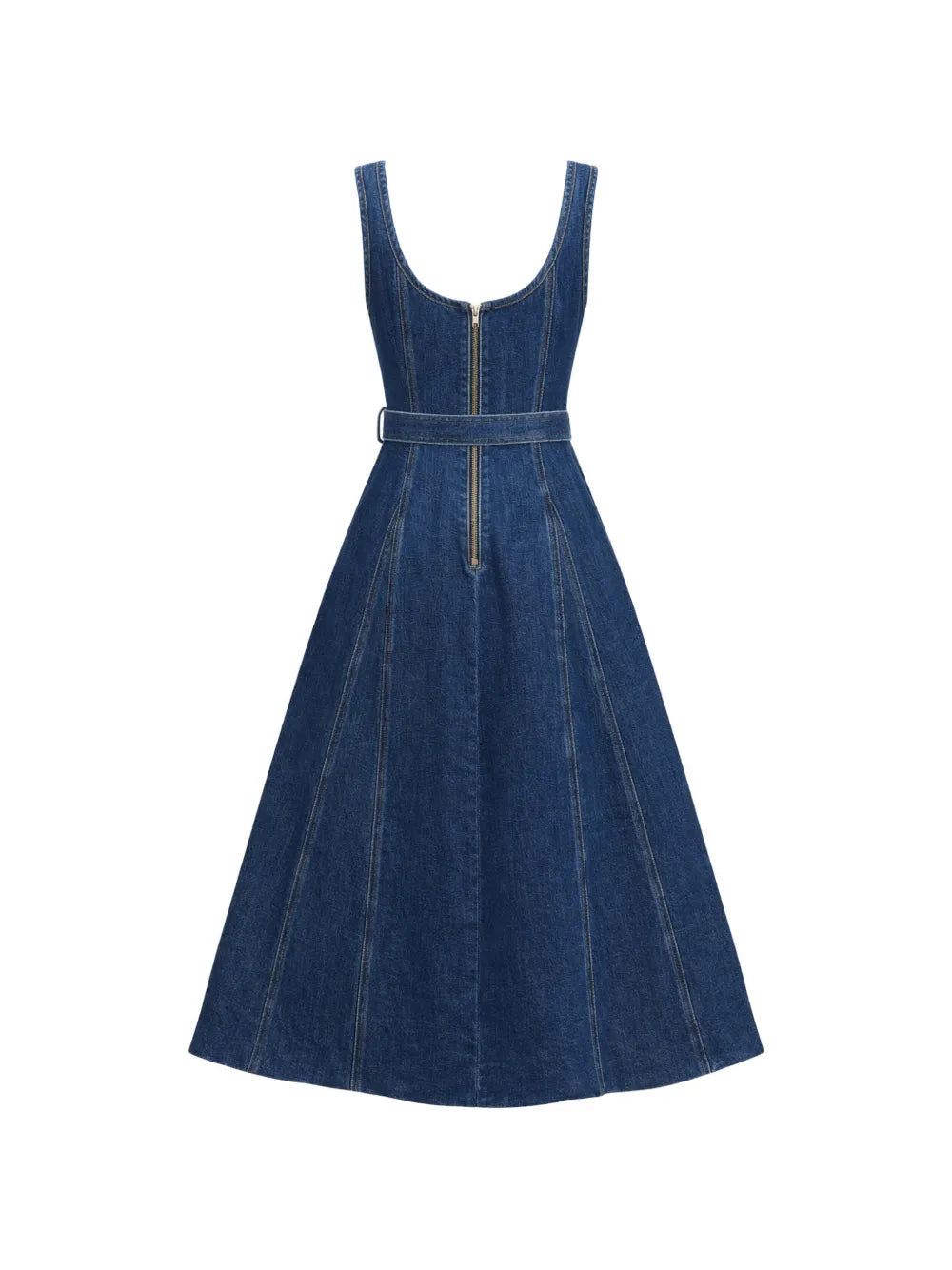 Flared Denim Midi Dress with Belt Detail