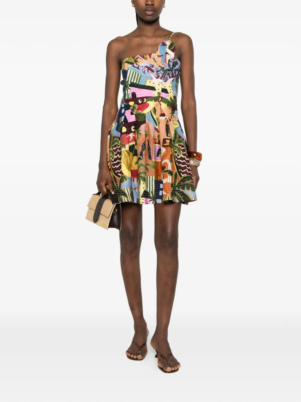 Tropical Painting Dress with Wave Hem