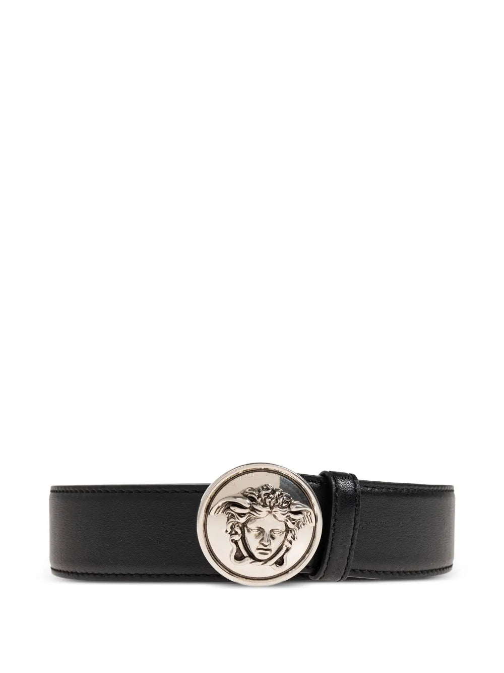 Leather belt with logo buckle