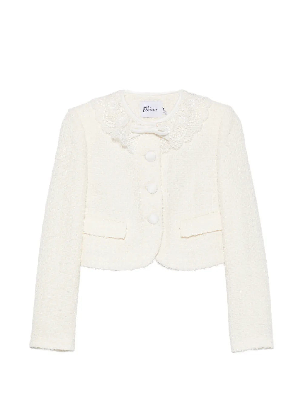 Cremefarbene Bouclé-Jacke mit Spitzenkragen