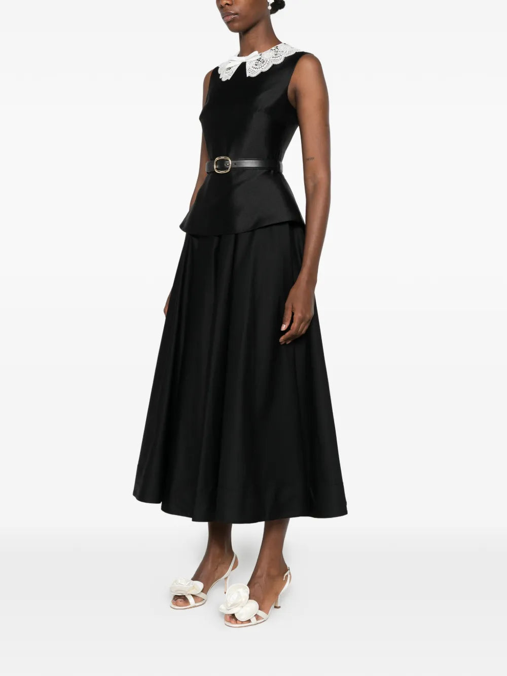 midi dress with lace collar and peplum waist