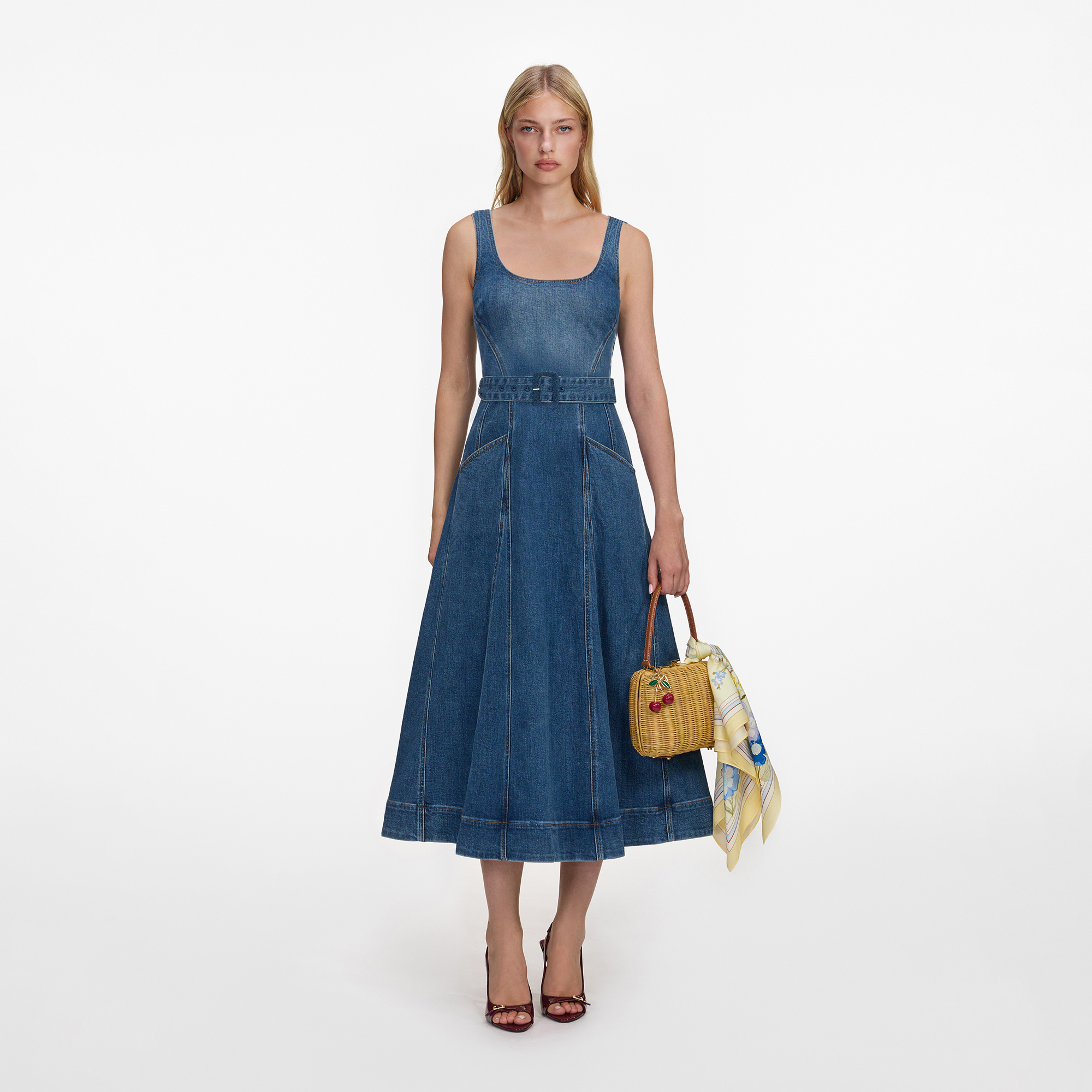 Flared Denim Midi Dress with Belt Detail
