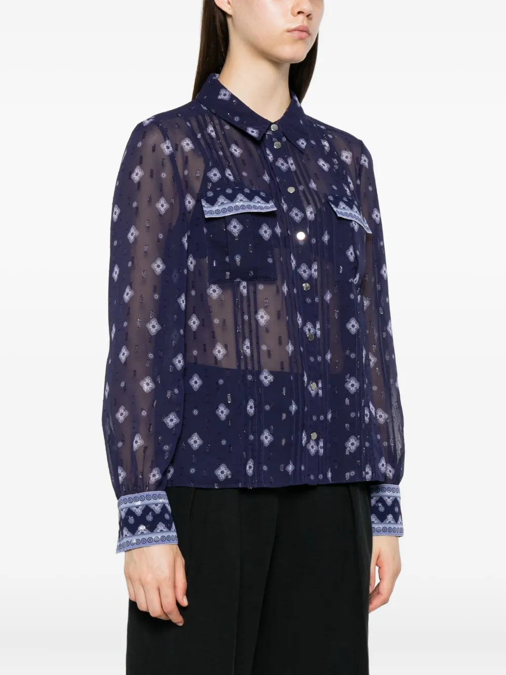 Blue patterned chiffon blouse
