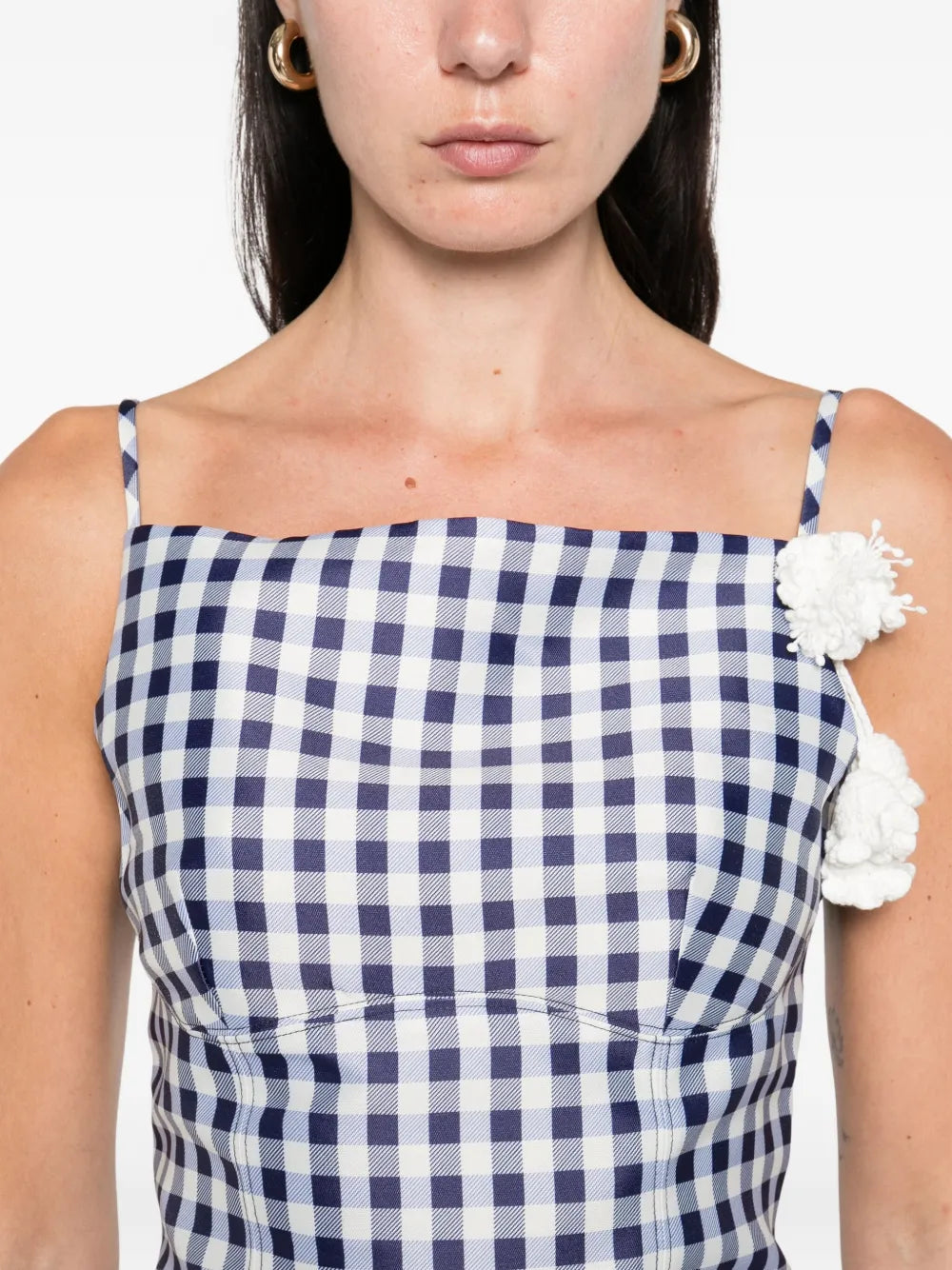 Gingham pattern top with flower applique