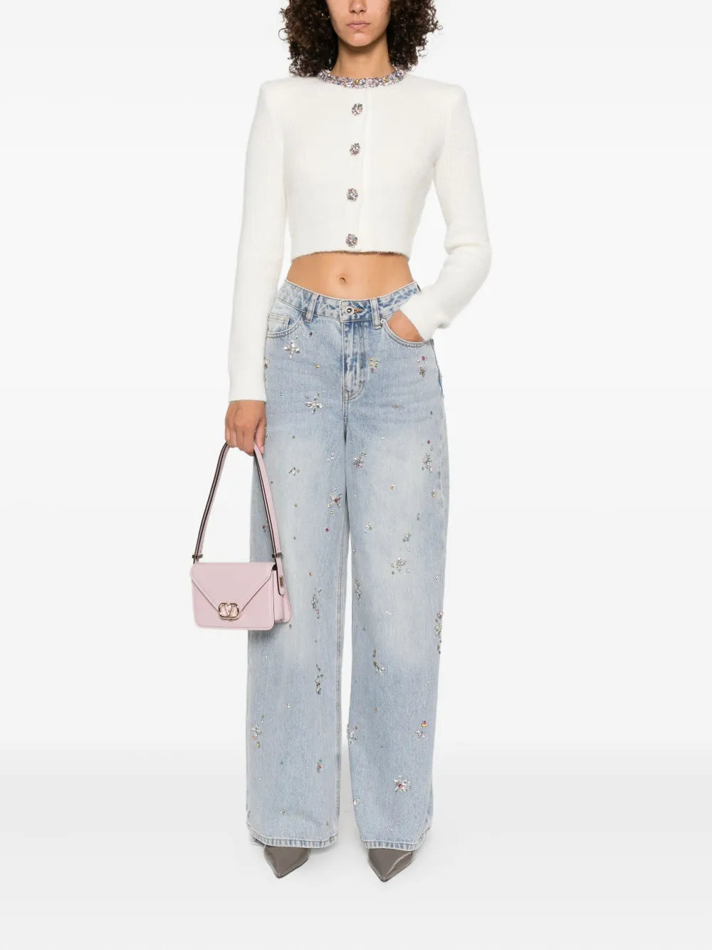 Wide-Leg-Jeans mit Kristallen