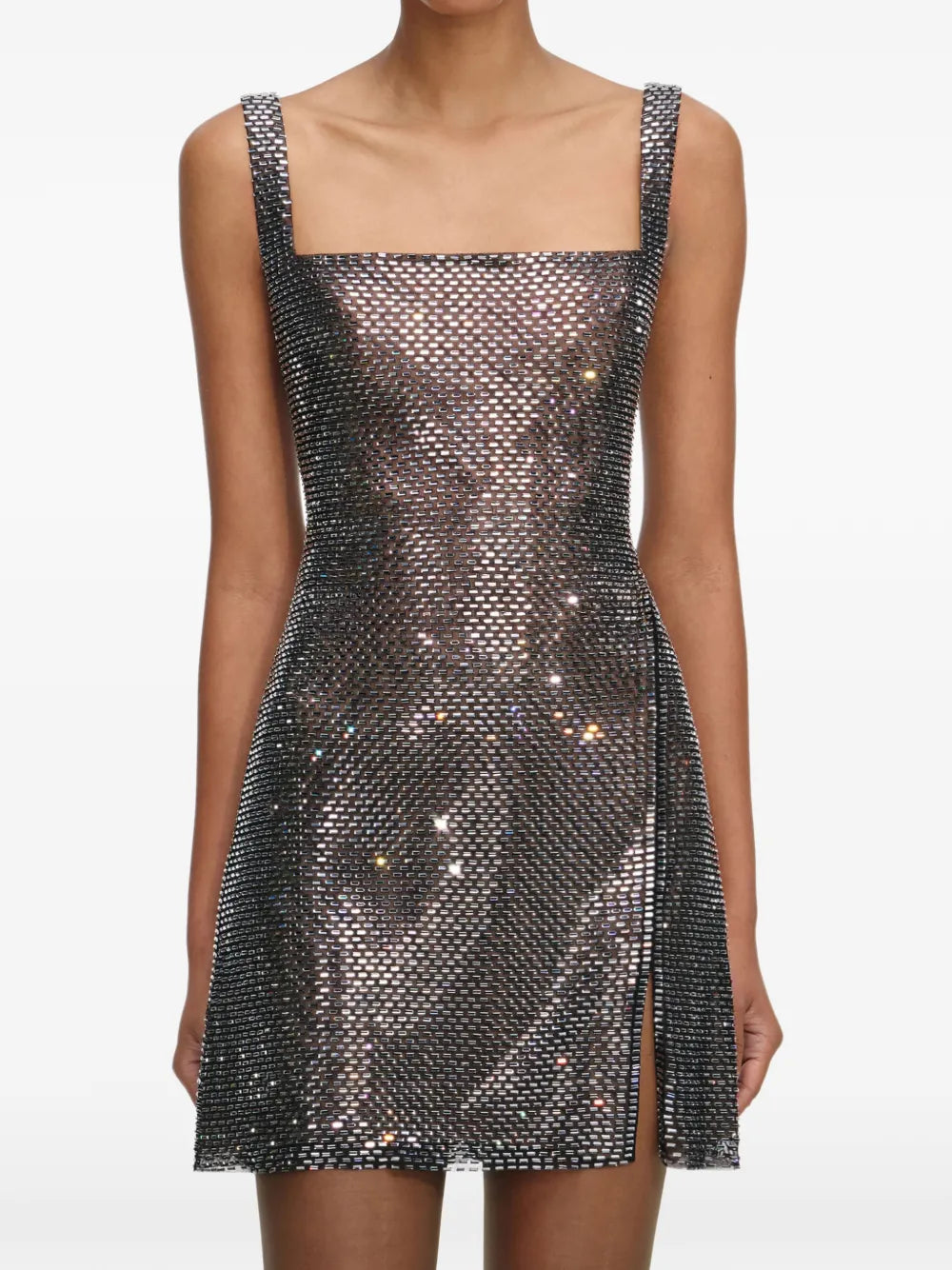 GUNMETAL RHINESTONE MESH MINI DRESS