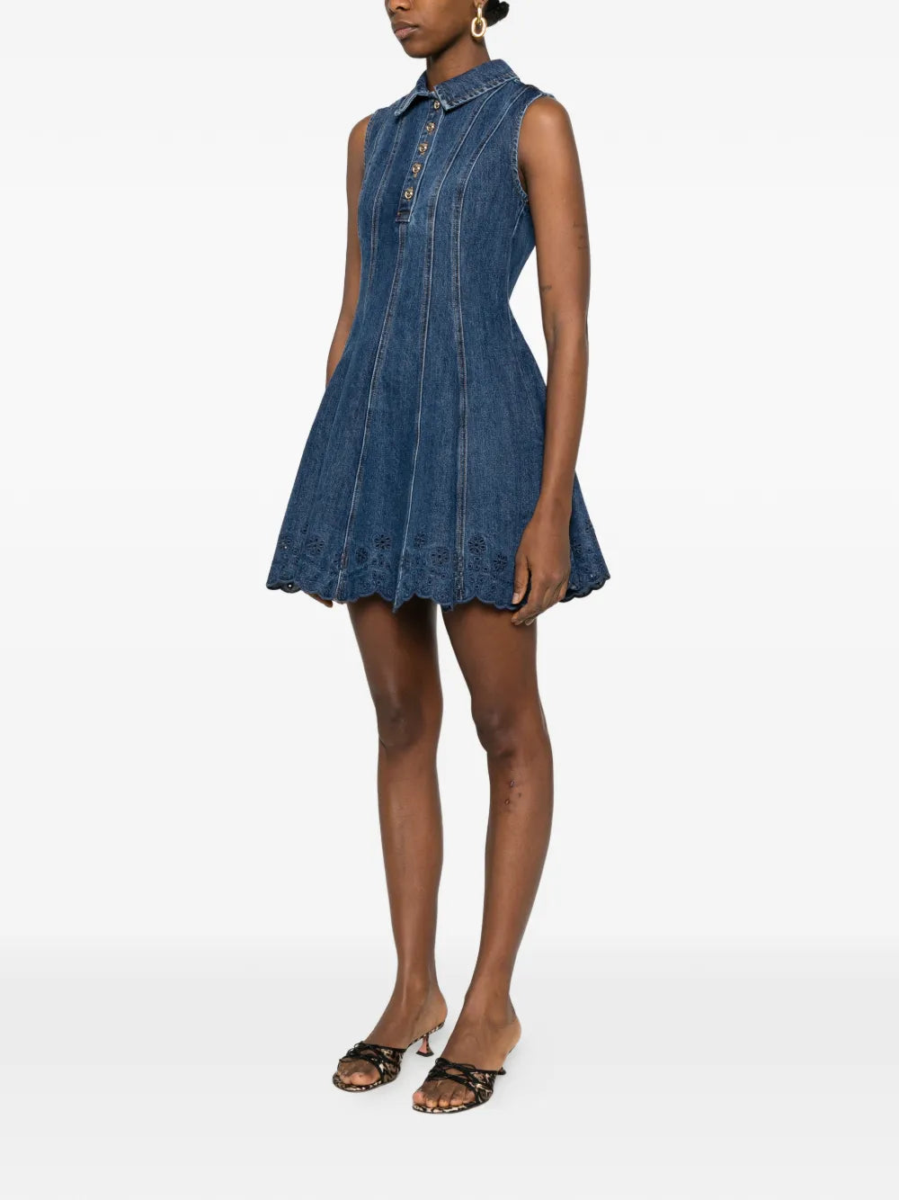 Denim mini dress with eyelet embroidery