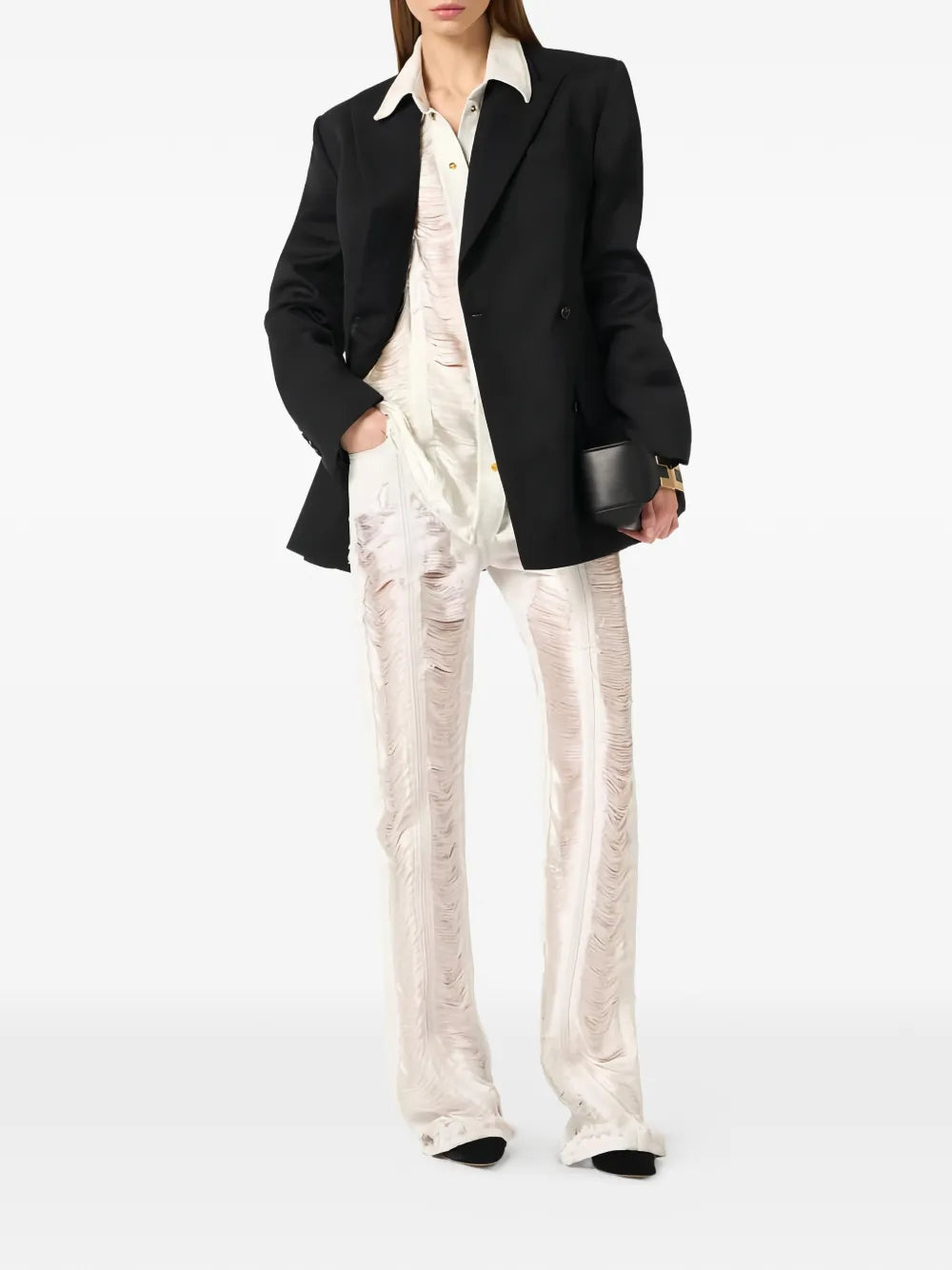 Palazzo jeans in distressed look with fringes
