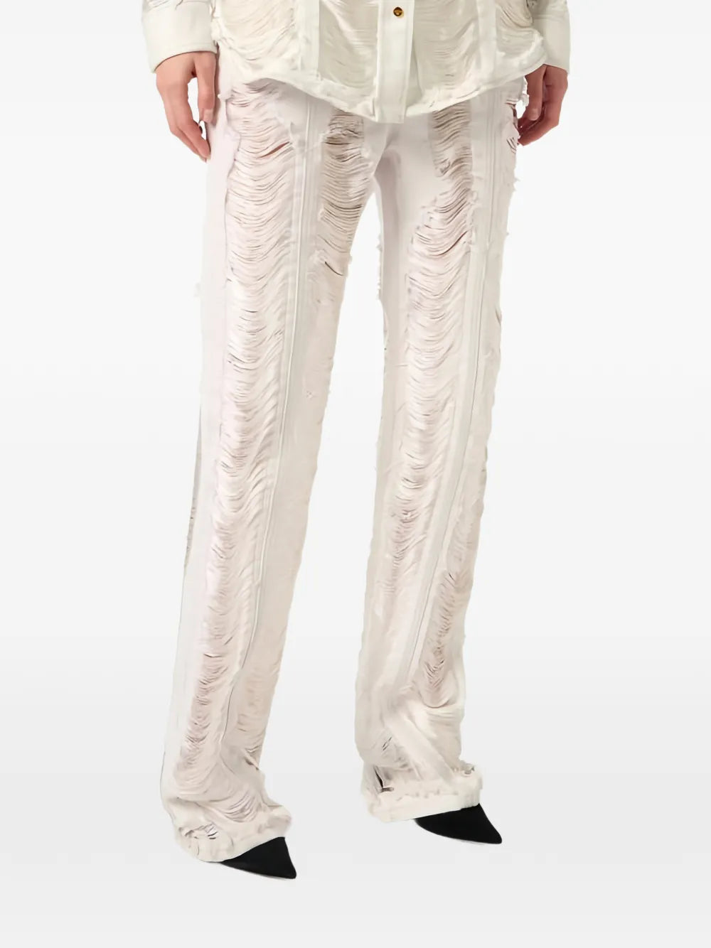 Palazzojeans im Distressed-Look mit Fransen
