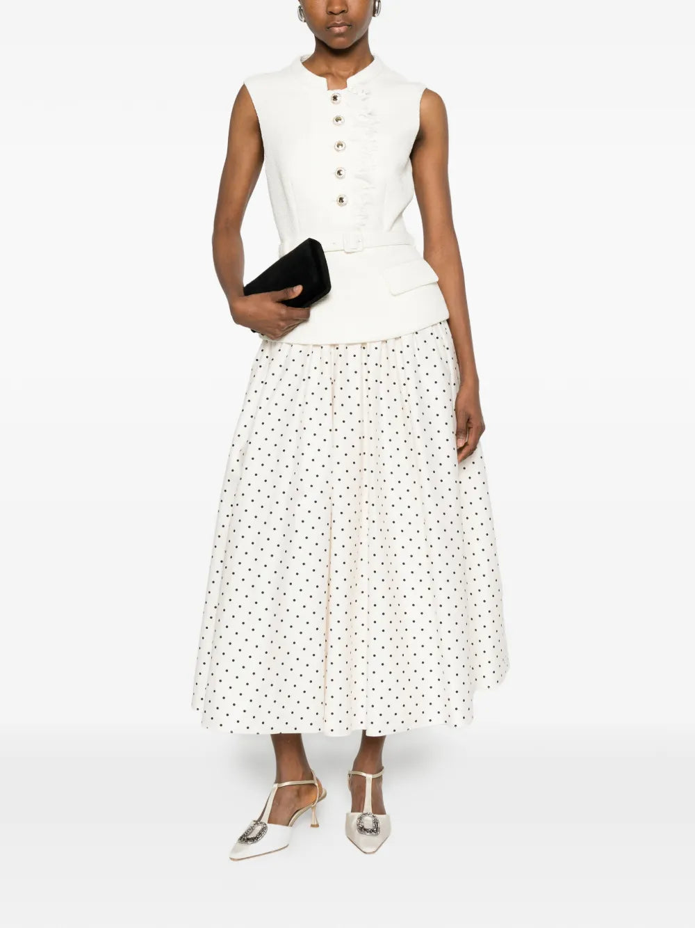 CREAM BOUCLE POLKA DOT MIDI DRESS