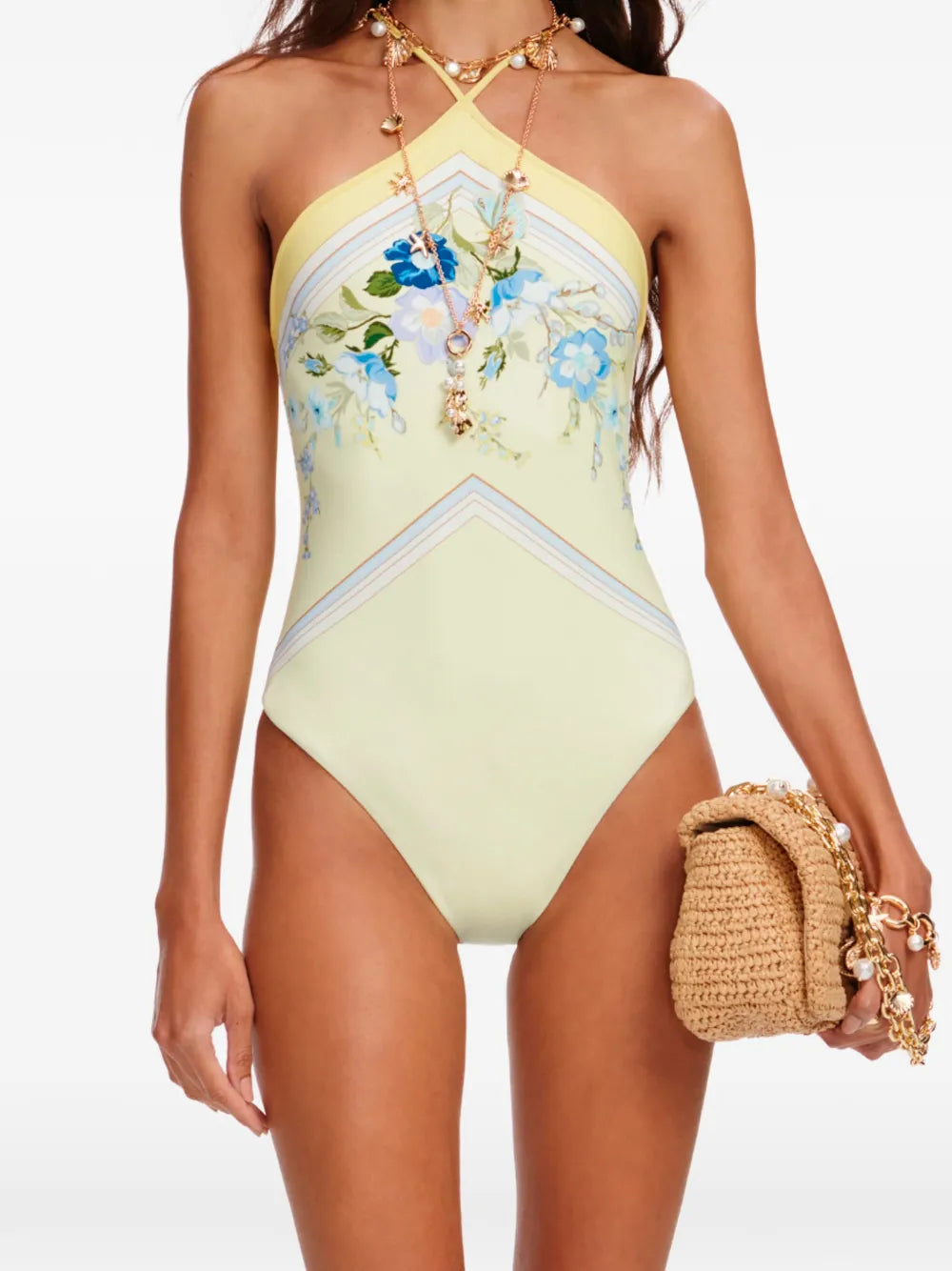 Floral-print halterneck swimsuit