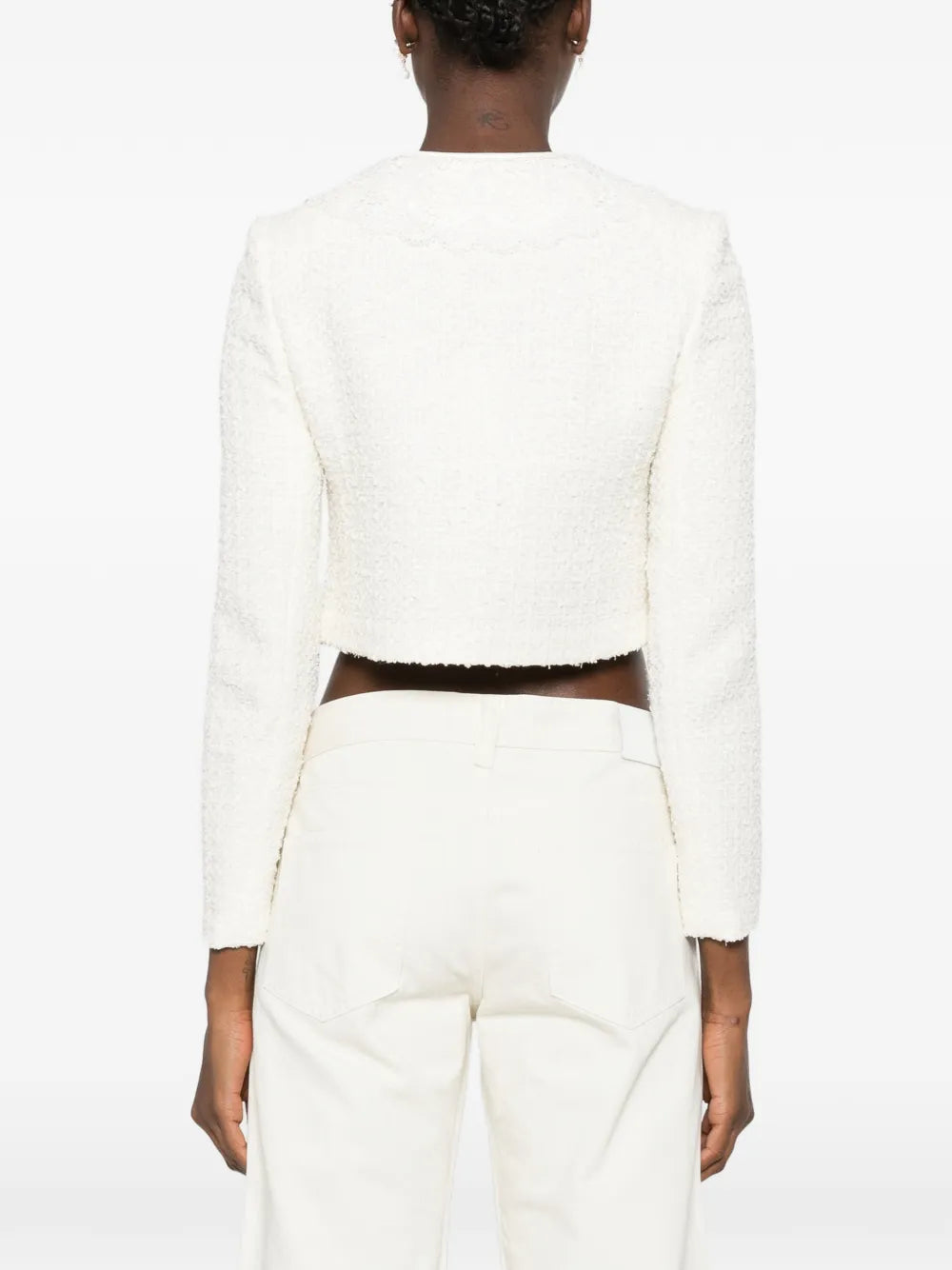 Cremefarbene Bouclé-Jacke mit Spitzenkragen
