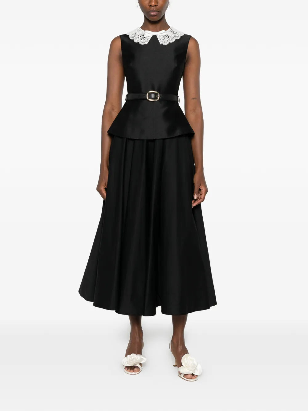 midi dress with lace collar and peplum waist