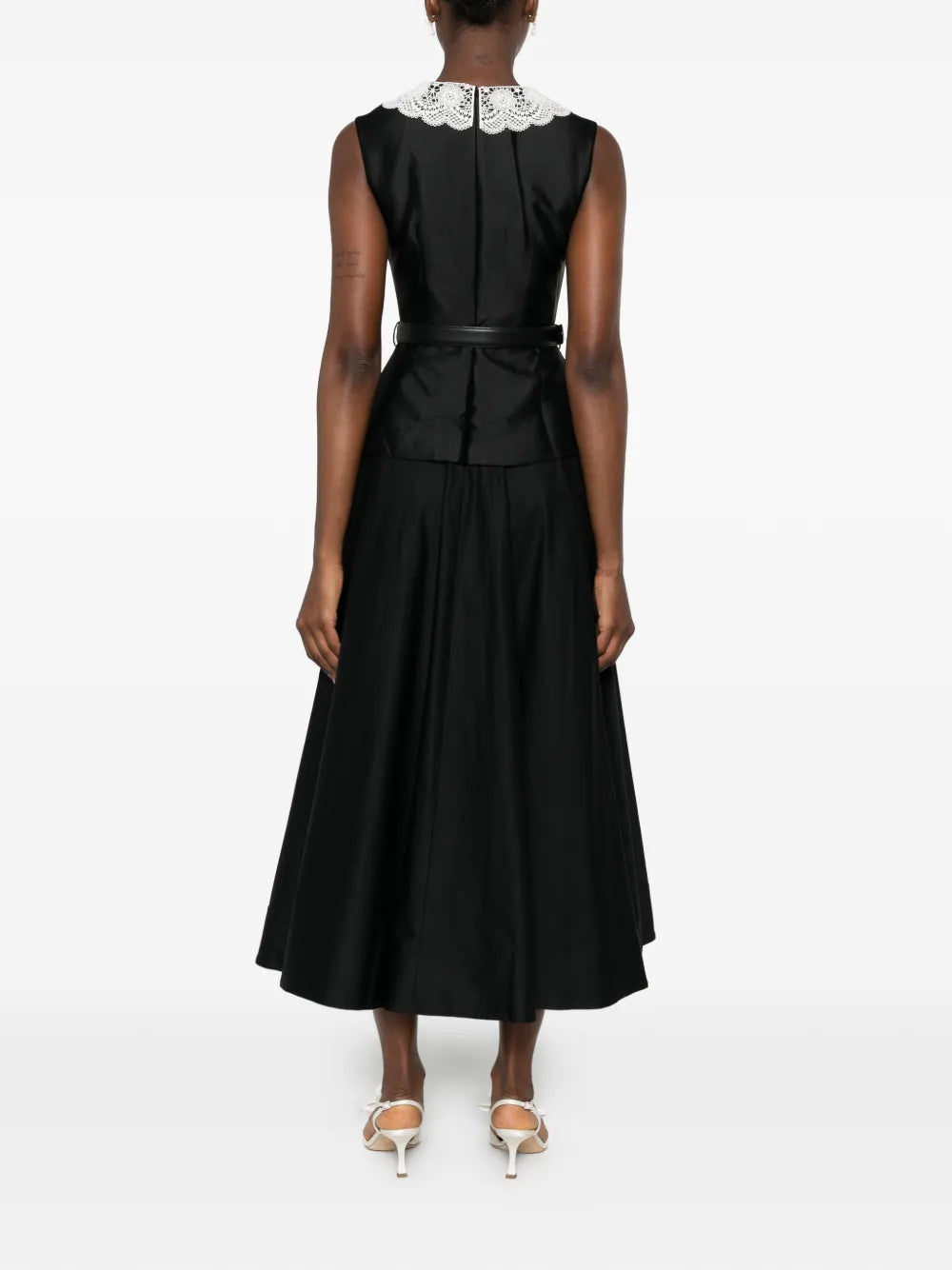 midi dress with lace collar and peplum waist