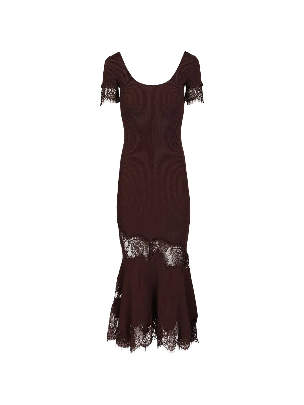 Midikleid aus geripptem Strick mit Spitzenbesatz