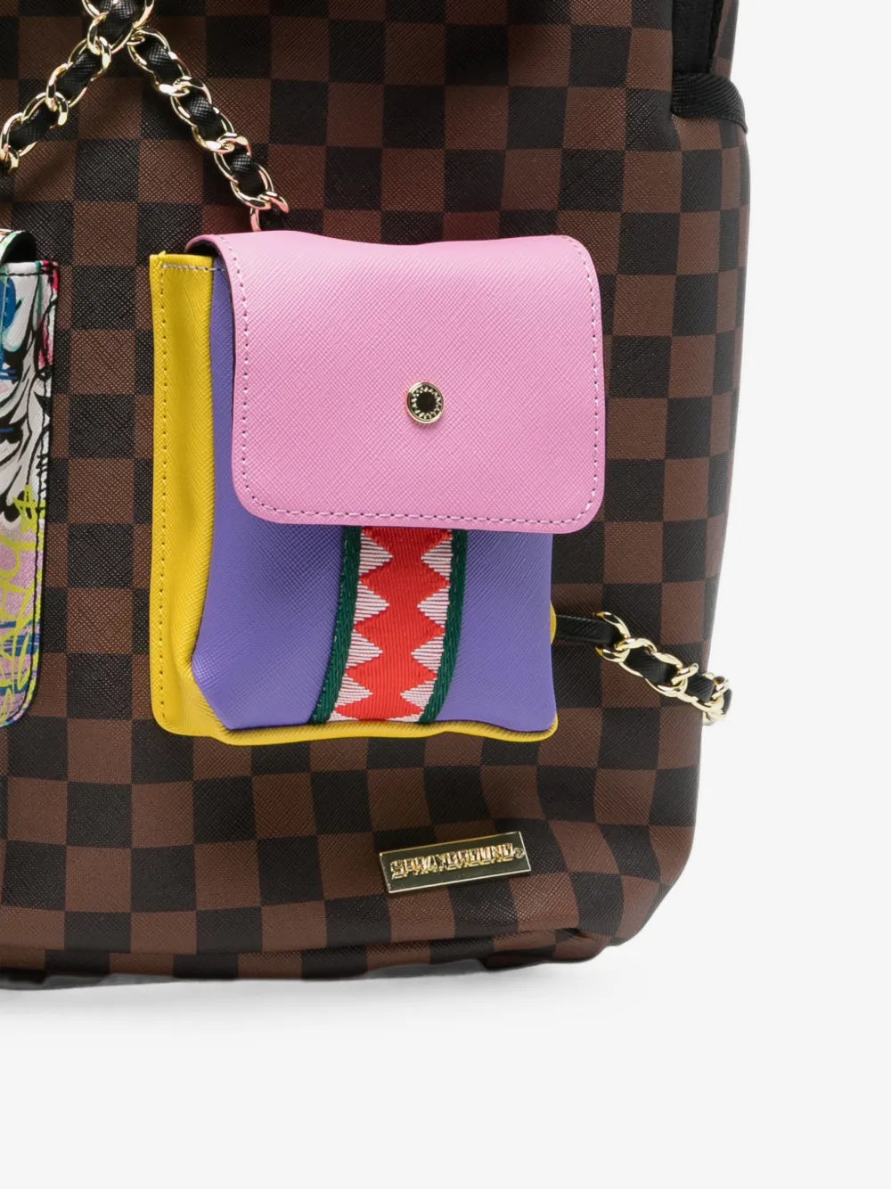 Karierter Rucksack mit Kette und 4 bunten Klappentaschen